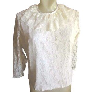 Vintage Womens Top Medium Granny 1970's Lace MODE O DAY LACE NET SLEEVE White